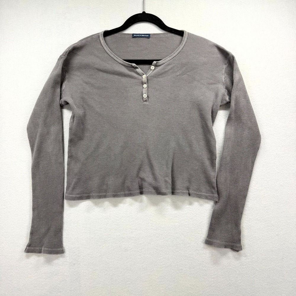 Brandy Melville Fashion Henley Shirt Womens 13 Gray Thermal Waffle Knit Italy